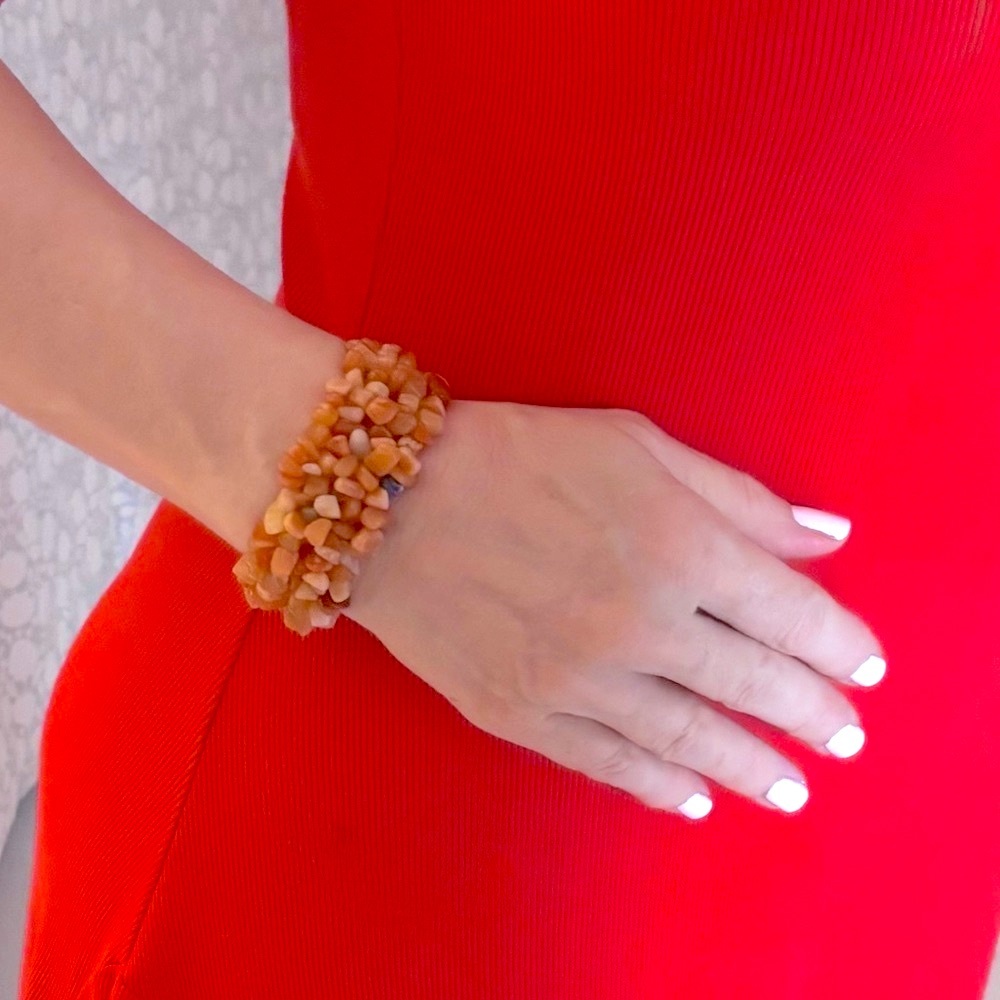 COPY - Peach/ orange Aventurine natural  Gemstone Chip Cuff 3 strand streach Br…